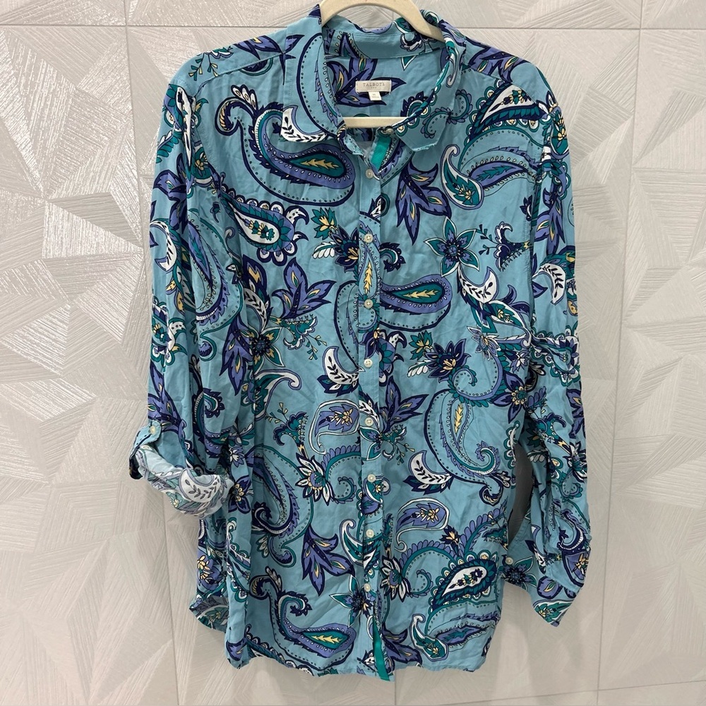 Talbots Top Womens XL Blue Paisley Floral Chiffon Button Up Roll Tab Sleeve Boho